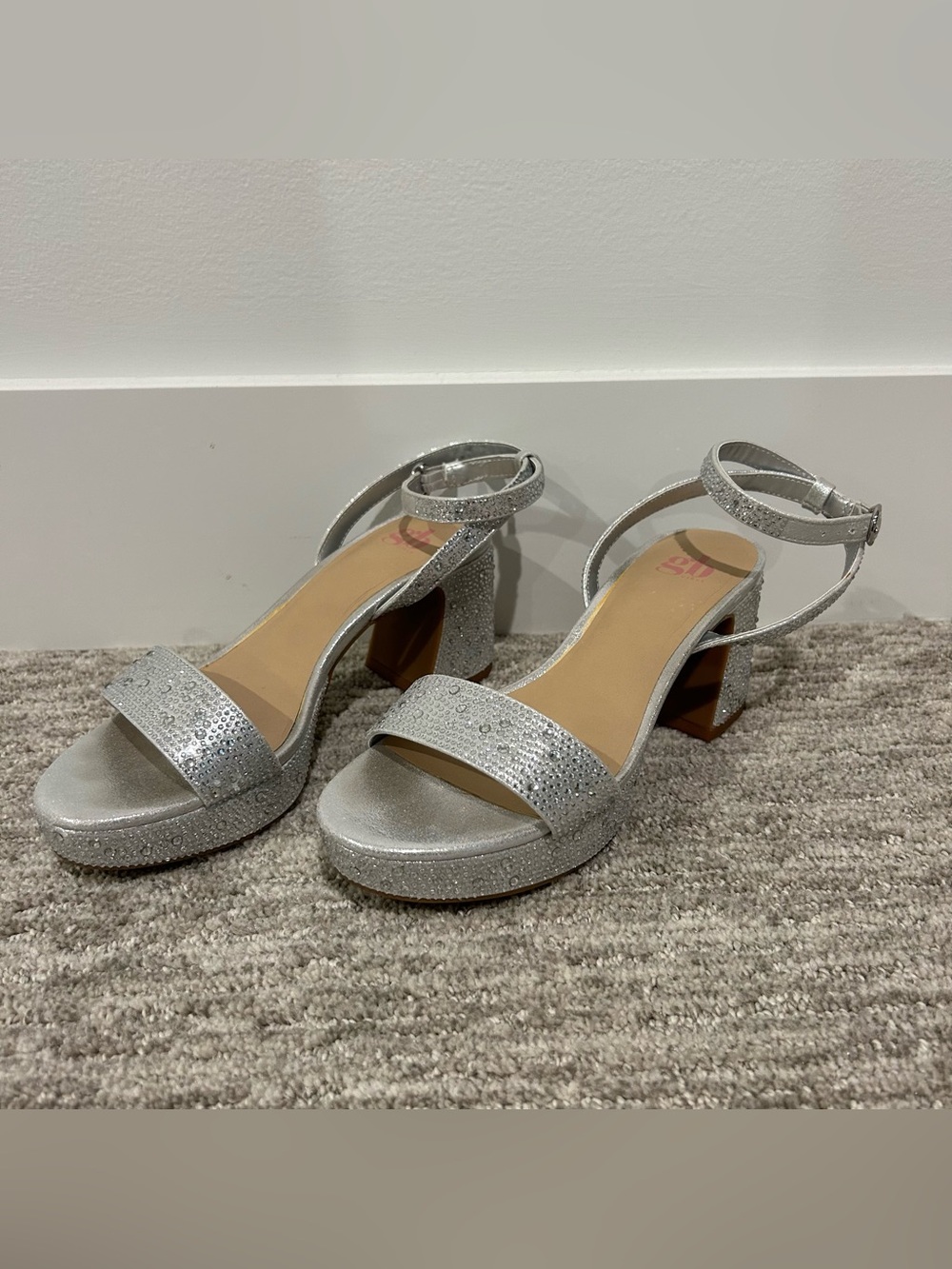 GB girls Silver Glitter Block Heel Sandals with Ankle Strap 4M